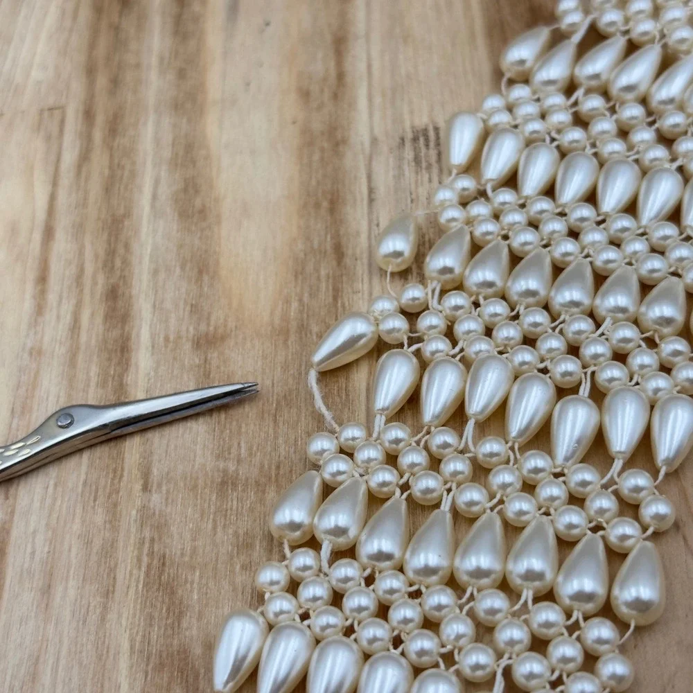 Vintage Faux Pearl Belt Cream Woven Elastic Gold Clasp 31 Inch Waist Statement